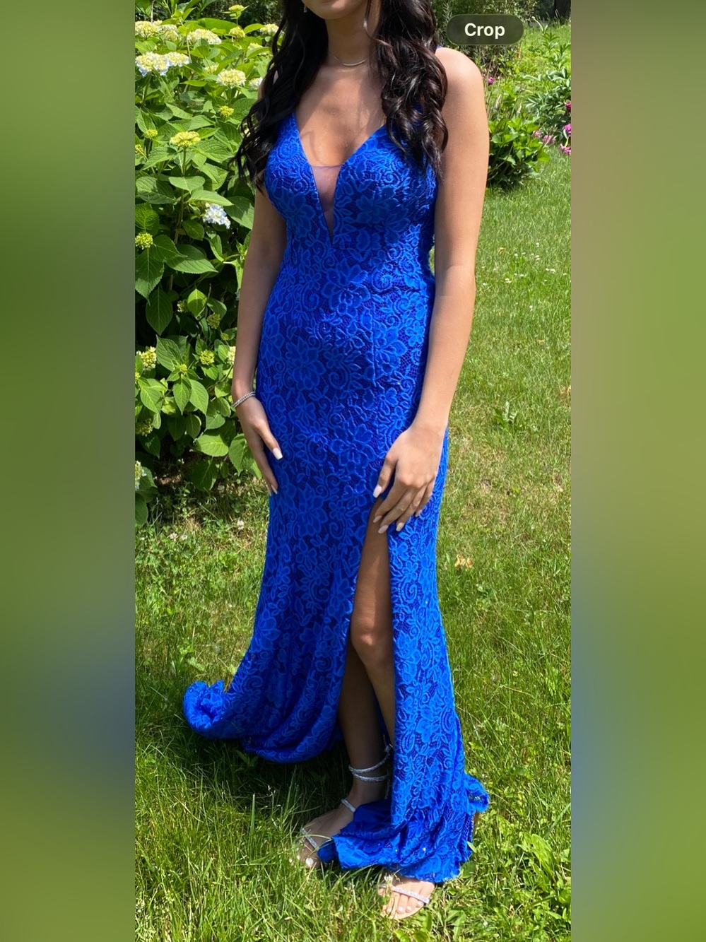 Sherri Hill Cobalt Blue Lace Prom Gown with Thigh Slit